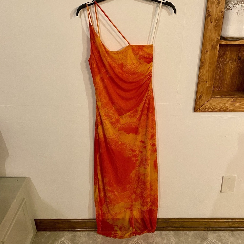 Y2K Vintage Frederick's of Hollywood One‎ Shoulder Ruched Orange Dress Size S/M